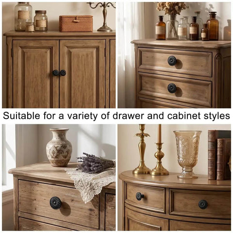 Ten Pack Matte Black Kitchen Cabinet Knobs One And A Quarter Inch Diameter Zinc Alloy Drawer Pulls For Cabinets shown on wooden furniture