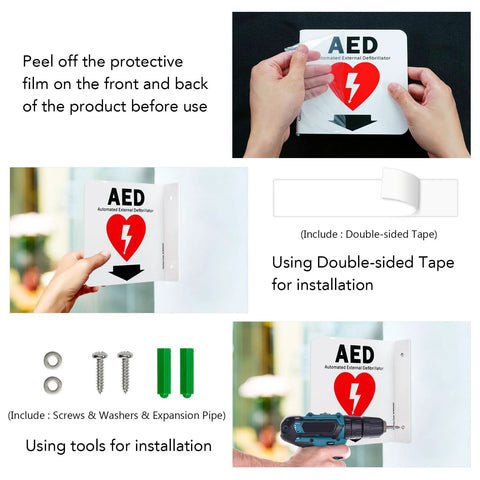 AED sign, acrylic 6x6 inches with down arrow, two-pack with screws and double-sided tape for wall mounting.
