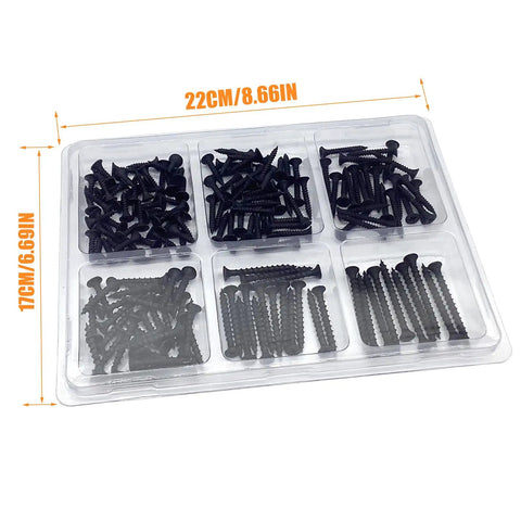 170 Piece Wood And Drywall Screw Set With 6 Sizes Flat Head Self Tapping Black Screws in plastic case