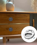 Flush Ring Pull Handles 43.5mm 1.71 Inch Zinc Alloy Flush Pull Slam Latch Set installed on wooden drawers, Dark Silver 2 Pack