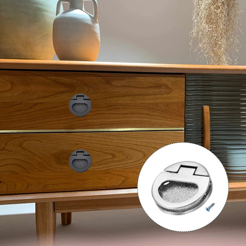 Flush Ring Pull Handles Set Of 3 43.5mm Zinc Alloy Dark Silver Flush Pull Slam Latch on wood cabinet with drawers