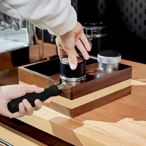 Sleek Espresso Knock Box Bundle Featuring A Rock Solid Wood Tamping Station and Heavy Duty Coffee Tamping Stand setup on countertop.