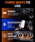 Image showing three usage methods for Bluetooth OBD2 Scanner 2 In 1 Car Diagnostic Tool: wired, Bluetooth, and HUD display.