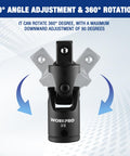 Flexible Universal Joint Socket Adapter Set For Multi Angle Access Includes One Quarter Inch, Three Eighths Inch And One Half Inch Drives Crafted From CR-V Steel With Black Phosphate Finish Built Tough For Lasting Corrosion Resistant Performance showing 90-degree tilt