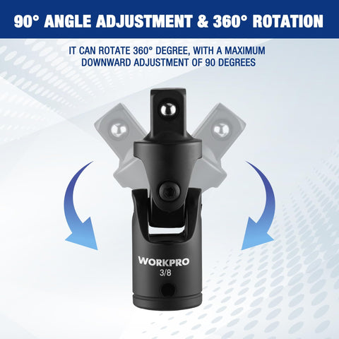Flexible Universal Joint Socket Adapter Set For Multi Angle Access Includes One Quarter Inch, Three Eighths Inch And One Half Inch Drives Crafted From CR-V Steel With Black Phosphate Finish Built Tough For Lasting Corrosion Resistant Performance showing 90-degree tilt