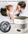 Slick Collapsible Mini Washing Machine With 13L Spin Basket And Quick Flip Design, shown with family, highlighting low noise feature.