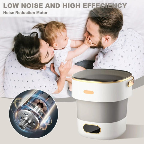 Slick Collapsible Mini Washing Machine With 13L Spin Basket And Quick Flip Design, shown with family, highlighting low noise feature.