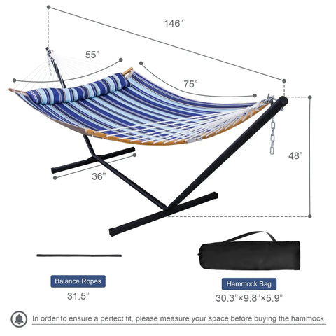 12 Ft Outdoor Hammock With Stand For Two, Freestanding Yard Lounger With Curved Spreader Bars, Pillow, Carry Bag, Blue Stripes