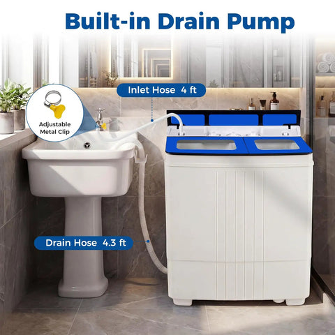 Straight Up The Best Portable Twin Tub Washing Machine With Built In Drain Pump 20 Lbs Compact Laundry Spinner with inlet and drain hoses.