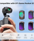 FD161 K-Series CPL ND Filter Kit For Osmo Pocket 4By3 With Magnetic Quick Mount includes ND filters shown with Osmo Pocket.
