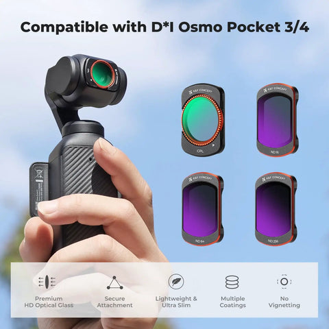 FD161 K-Series CPL ND Filter Kit For Osmo Pocket 4By3 With Magnetic Quick Mount includes ND filters shown with Osmo Pocket.