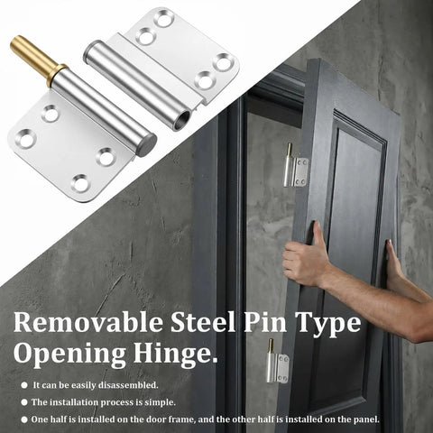 Six Piece 4 Inch Lift Off Flag Hinges Kit with screws shown being installed on a gray door for demonstration.