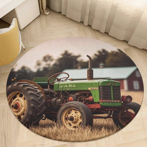 Round Tractor Photo Farm Coral Velvet Area Rug 80x80 cm Non Slip Furry Indoor Carpet with tractor image in field
