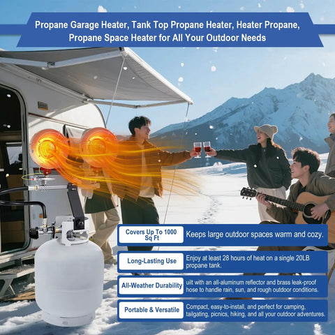 Stay Toasty Outdoors With A 30,000 BTU Dual Head Propane Heater Outdoor Tank Top Style 3 Heat Settings And Tip Over Safety With Auto Shutoff Perfect For Patio Camp Garage And Cold Nights shown in use on patio with group of people