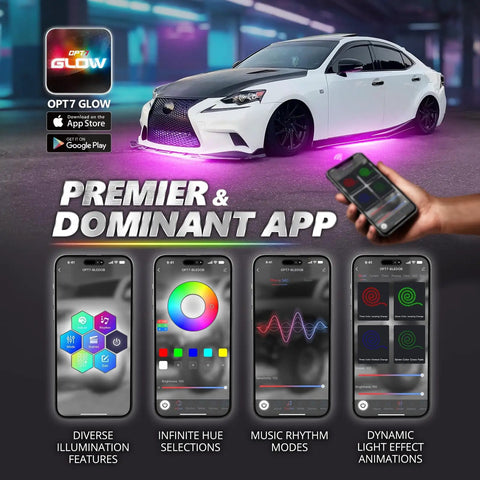 Car with Aura Pro Underglow LED Lights Kit for Cars with App and Remote Control RGB Multicolor Modes Music Sync glowing purple.