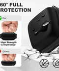Carry Anywhere EVA Earbud Case with carabiner, slim black design, shown in a strength test demonstrating durability and compressive resistance.