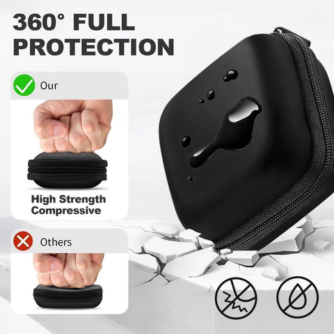 Carry Anywhere EVA Earbud Case with carabiner, slim black design, shown in a strength test demonstrating durability and compressive resistance.