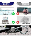 Stainless steel hitch pin clips set, 90 pcs in 6 sizes; anti-rust finish; installed pin shown in hitch