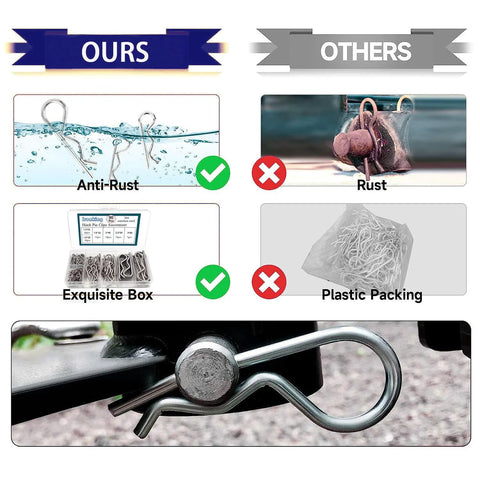 Stainless steel hitch pin clips set, 90 pcs in 6 sizes; anti-rust finish; installed pin shown in hitch