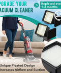 Person using vacuum with 2 Pack HEPA And Foam Filter Replacement Set for UD20005 and UD20010, showing filters and packaging.