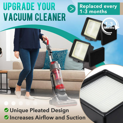 Person using vacuum with 2 Pack HEPA And Foam Filter Replacement Set for UD20005 and UD20010, showing filters and packaging.