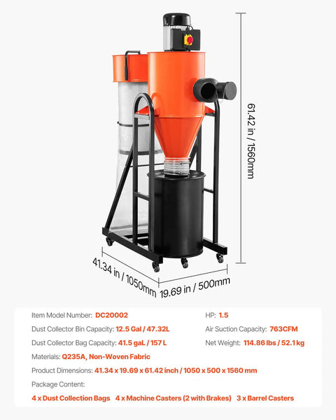 VEVOR 1.5HP Cyclone Dust Collector, 763 CFM High Suction Power With 12.5 Gallon Bag And Base Stand, Smart Woodworking Separator for Shop Cleanup.