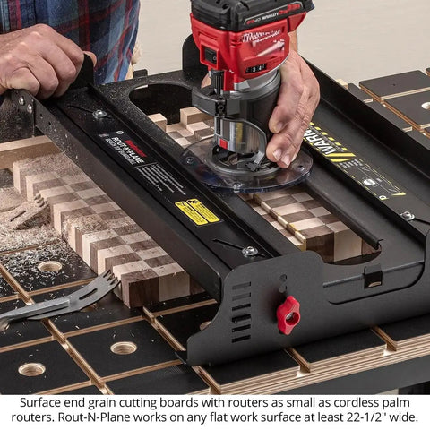 Person using Rout N Plane Bench Top Board Mill XL Router Sled For Flattening And Surfacing Cutting Boards And Glued Up Panels Up To 24 Inches Wide, DIY Friendly Easy To Use Heavy Duty Build USA Made on a wooden panel.