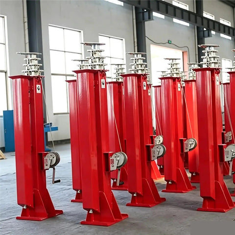 Electric Motorized Telescopic Mast 6.5M Aluminum Broadcast Antenna Pole Push Button Lift in a row, showcasing red alloy build and smooth operation.