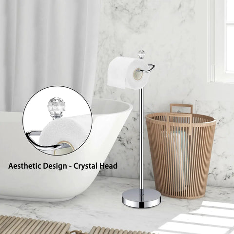 Reserve Function Free Standing Toilet Paper Holder With Crystal Finial In Chrome Finish in bathroom setting
