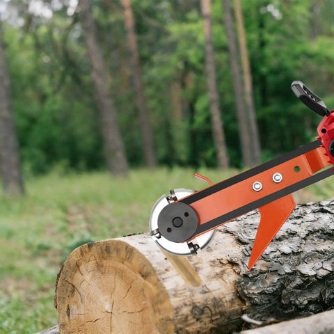 Knockout Chainsaw Mill Attachment And Log Debarker Peeler featuring four heavy duty blades on log in forest setting.