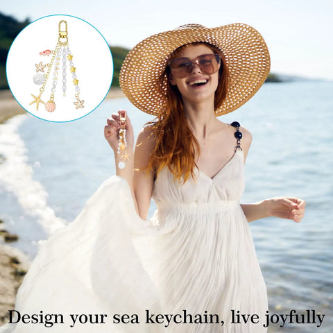 Young woman holding Seashell Keychain Making Kit With 776 Pieces Including Alphabet Beads, White Pearls, Clear Spacer Beads