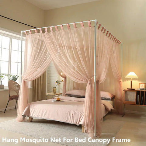 Heavy Duty White Canopy Bed Frame Posts For Twin Size Beds With Sturdy Metal Corner Brackets For A Major Bedroom Glow Up And Smooth Installation That Truly Takes Care Of Business with pink curtains.