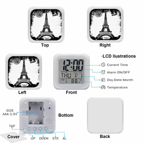 Knockout Vintage Digital Alarm Clock With Eiffel Tower Design And Cozy Nightlight Solid For Bedroom Nightstands Or Desk Surfaces Featuring Dead Quiet Operation Super Comfy Buttons And Easy Time Date Temperature Readout - top, front, left, right, bottom views