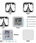 Smooth Operator Vintage Eiffel Tower Digital Alarm Clock With LED Time Date Temperature Display showing multiple angles and features.