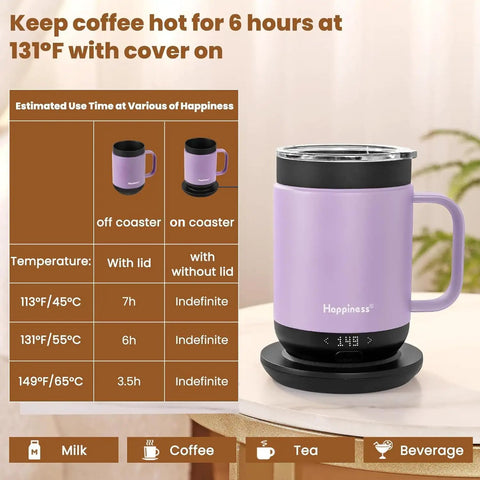 Precision Temp Control Self Heating Coffee Mug Rechargeable Smart Cup Keeps Your Java Piping Hot For Hours With Spill Proof Lid And Charging Coaster Total Game Changer For Daily Grind And Office Vibes on table with temperature chart
