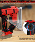 Heavy Duty 18 Gauge Cordless Brad Nailer And Stapler Kit showing safety lock switch for secure operation and safety features.