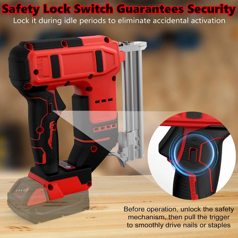Heavy Duty 18 Gauge Cordless Brad Nailer And Stapler Kit showing safety lock switch for secure operation and safety features.