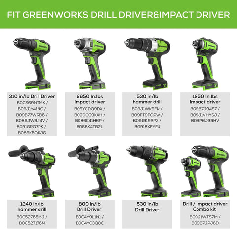 Greenworks drill and impact driver range showcasing various models with torque specifications.
