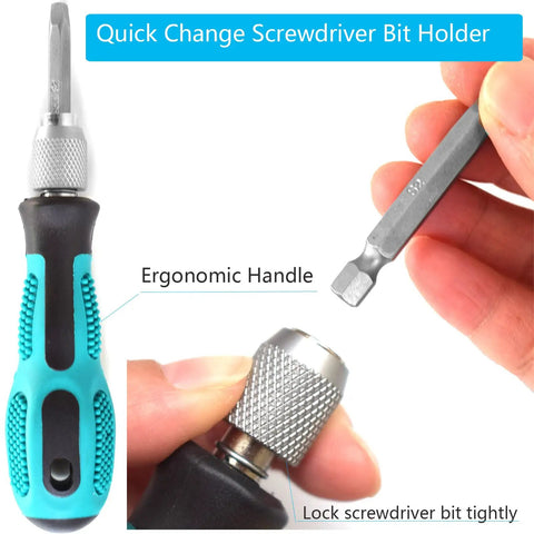 2 Piece One Quarter Inch Hex Quick Change Screwdriver Bit Holder Set With Magnetic Bit Holder in hand, showing ergonomic grip