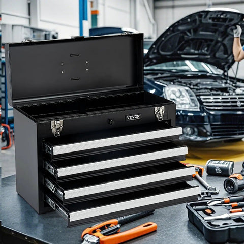 Rock Solid Portable Metal Tool Box With Four Deep Rollout Drawers And Smooth Ball Bearing Slides Secured By A Heavy Duty Lock For Pickup Truck Storage And Weekend Wrenching Projects