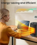 Small Space Heater For Desk And Office, 1500W PTC Ceramic Heater with heat flow towards woman working at desk