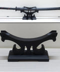 Solid Wood Sword Stand Display For Katana Wakizashi And Samurai Swords Black Finish on desk with mounted sword
