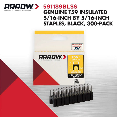 T59 Insulated Stainless Steel Cable Staples Five Sixteenth Inch Leg By Five Sixteenth Inch Crown For Data And Communications Wiring CAT Five CAT Six RG Six RG Nine Coax And Phone Cables Black 300 Count Heavy Duty Fast Install with packaging
