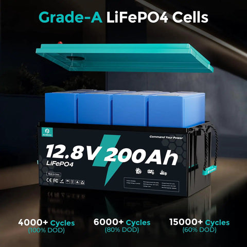 Beefy 12V 200Ah LiFePO4 Deep Cycle Battery With Grade-A cells, 2560Wh, 200A BMS, for RV, marine, solar, off-grid use.