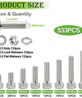 Image showing M2.5 Hex Socket Head Cap Screws Kit Pro Grade Assortment In Lengths 4mm to 25mm, 533 pieces, includes bolts, nuts, washers.