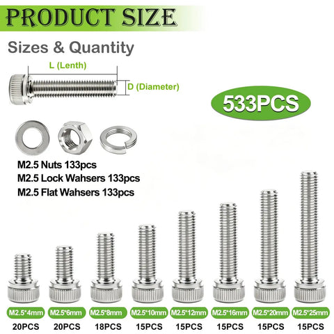 Image showing M2.5 Hex Socket Head Cap Screws Kit Pro Grade Assortment In Lengths 4mm to 25mm, 533 pieces, includes bolts, nuts, washers.