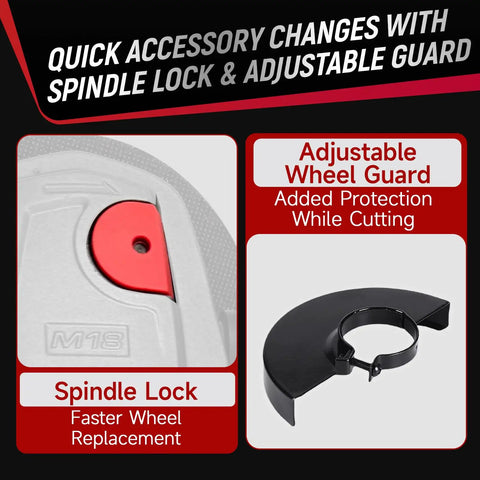 Heavy Duty Brushless Cordless Angle Grinder 4 1/2 Inch With 10000 Rpm Motor features spindle lock and adjustable guard for easy accessory changes.