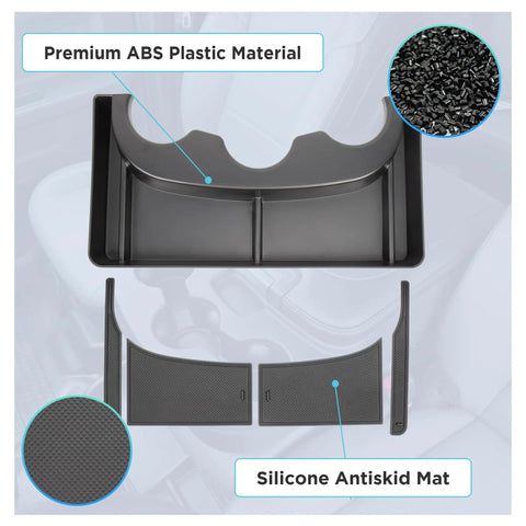 Center Console Cup Holder Organizer For Dodge RAM 1500 And 1500 Classic 2500 And 3500 Jump Seat With 3 Cup Holders Front Storage Tray Truck Accessories 2013 To 2026 Rams showing ABS material and silicone mat