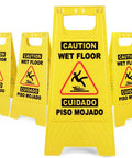 Front view of Six Pack 24 Inch Yellow Caution Wet Floor Signs Double Sided A Frame Bilingual Safety Warning Signs For Commercial Use