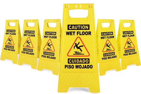 Front view of Six Pack 24 Inch Yellow Caution Wet Floor Signs Double Sided A Frame Bilingual Safety Warning Signs For Commercial Use
